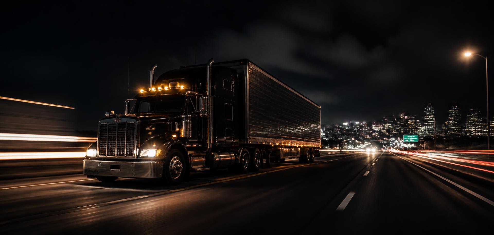 American semi truck moving on a US highway at night with light trails